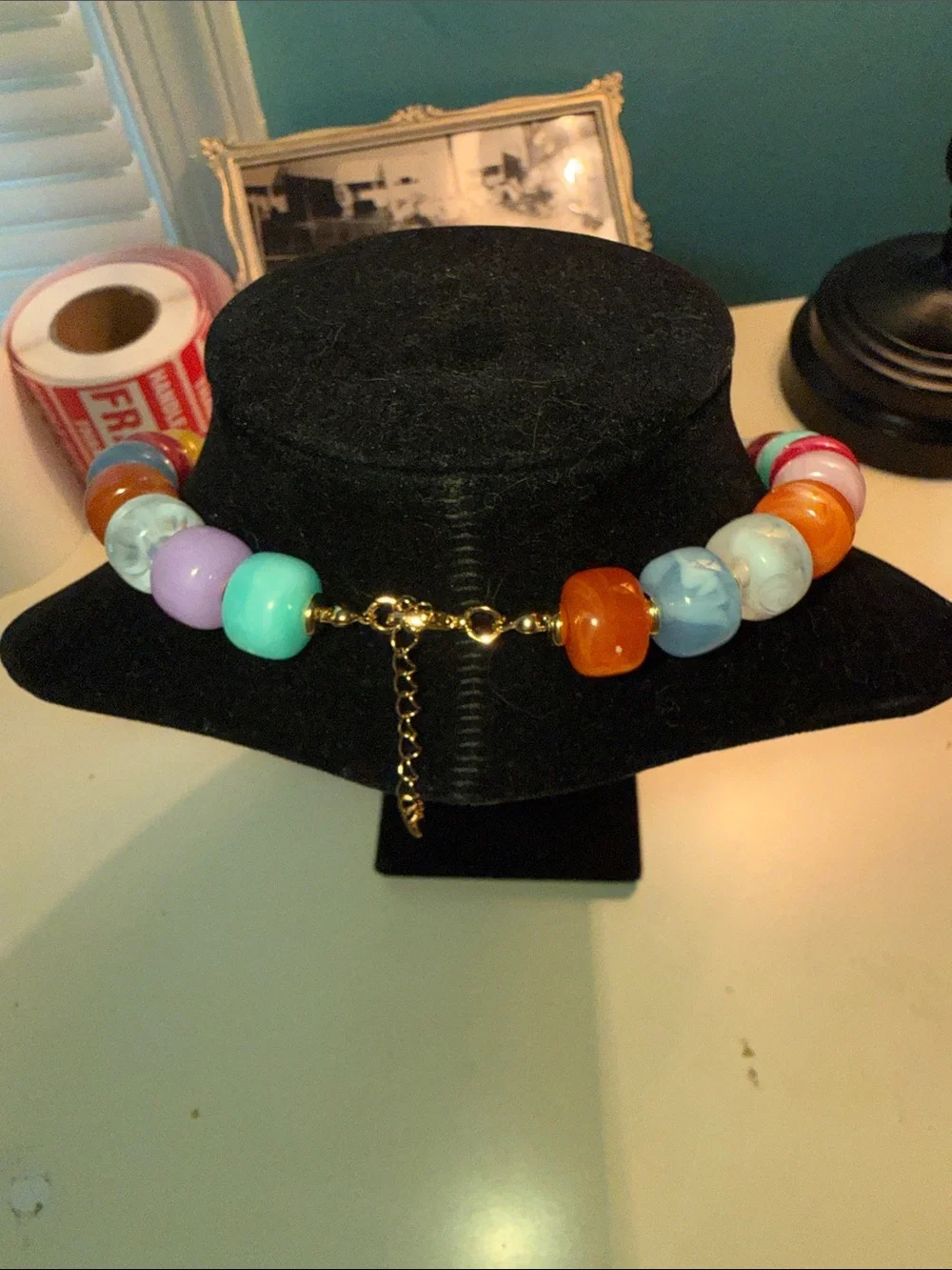 Colorful Glass Bead Necklace with Gold Charm - Multicolor